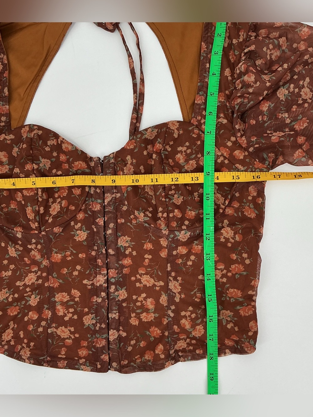 Lulu's Sweet and Cute Brown Floral Crop Top with Mesh Sleeves - Picture 7 of 8